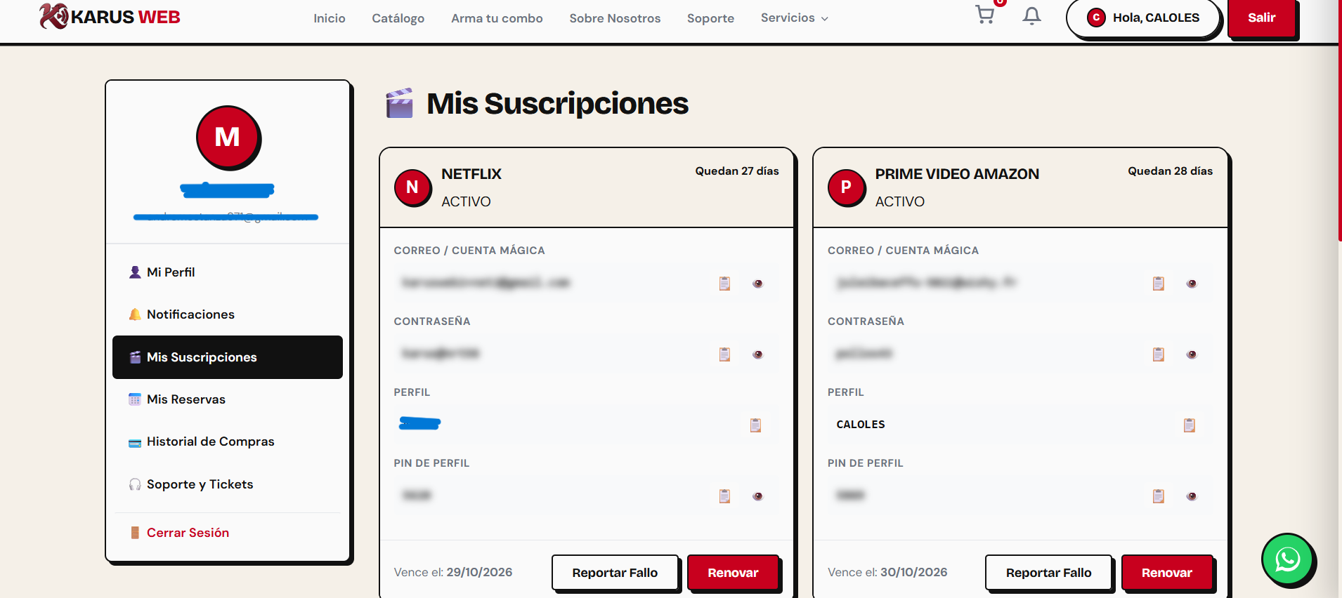 Panel de gestión de suscripciones — Karus Web